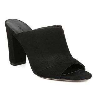 VINCE Suede Heath Cross Strap Sandal Mules Black 8.5 / 38.5 Peeptoe Heels Block